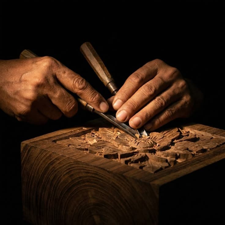 Artisan hands carving intricate patterns using traditional hand chisels