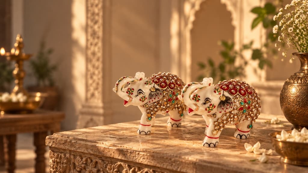 Craft & Heritage - Handcrafted embellished marble elephants in sunlit heritage courtyard