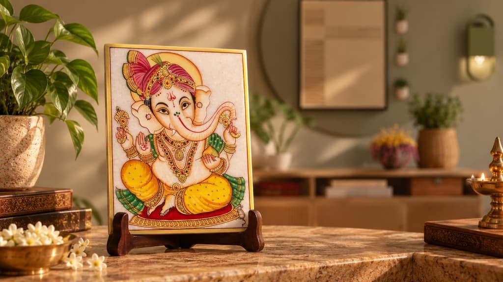 Handcrafted marble Ganesha artwork tablet in contemporary sunlit interior