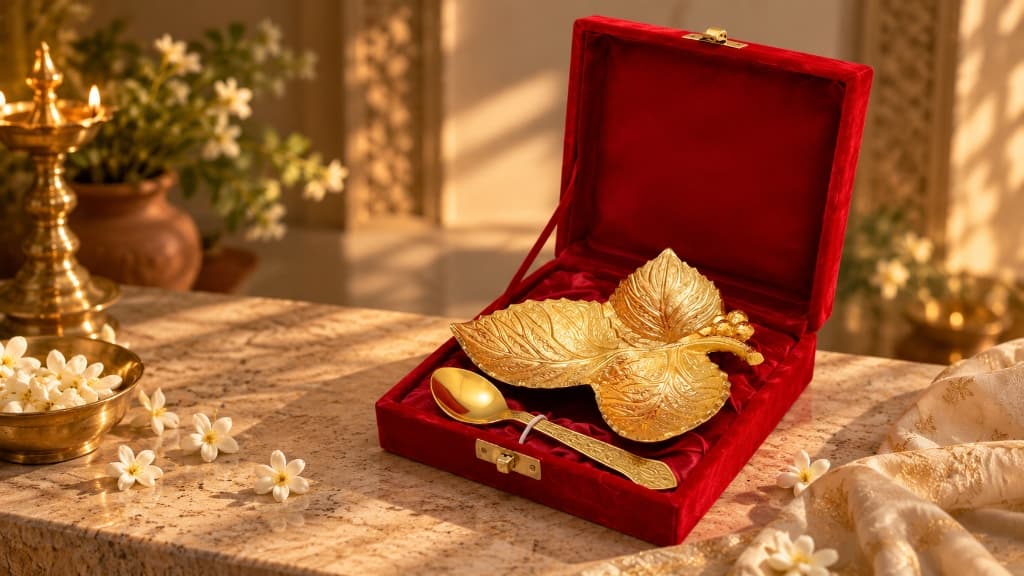 Handcrafted gold leaf embossed platter and spoon in red velvet atelier gift box
