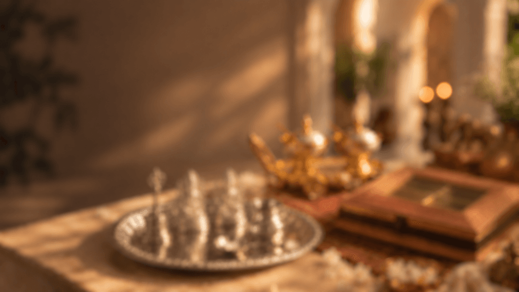 Curated handcrafted silverware, brass ritual pieces, and keepsake box